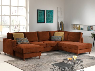 BEST MOBILIER Canap&eacute; panoramique Angle droit 7 places Velours c&ocirc;tel&eacute; Rouille