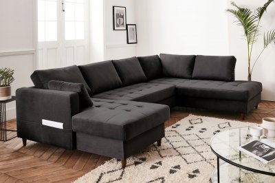  Canap&eacute; panoramique Angle droit 7 places Velours Gris fonc&eacute;