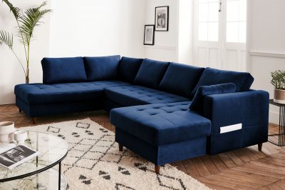 BEST MOBILIER Canap&eacute; panoramique Angle gauche 7 places Velours Bleu nuit