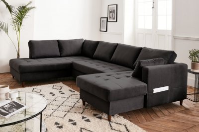 BEST MOBILIER Canap&eacute; panoramique Angle gauche 7 places Velours Gris fonc&eacute;