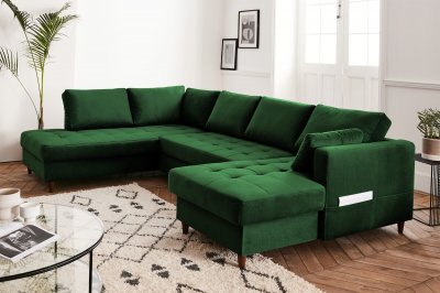 BEST MOBILIER Canap&eacute; panoramique Angle gauche 7 places Velours Vert