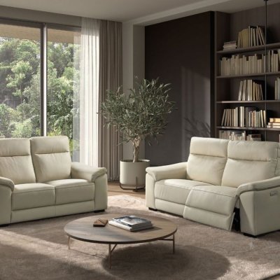ALTOBUY Canap&eacute; Relax Electrique 3 Places + Canap&eacute; 2 Places Fixe en cuir &eacute;cru - STANLEY