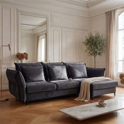  Canap&eacute; velours angle droit gris fonc&eacute; verduron - 3 places