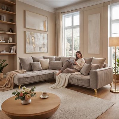 MAISON AUBERTIN Canap&eacute; Velours Angle Gauche Beige Altamo - 4 Places