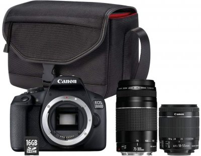 CANON  EOS 2000D+EF-S 18-55 IS II+EF 75-300 f/4-5,6 III + Sac + Carte m&eacute;moire SD 16 Go