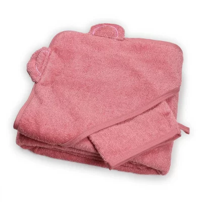 TROIS KILOS SEPT Cape de bain + gant ours rose (100 x 100 cm)