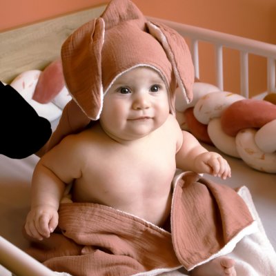 MONSIEUR BEBE Cape, sortie de bain int&eacute;rieur 100 % coton - 75 x 75 cm - Lapin - Vieux rose -
