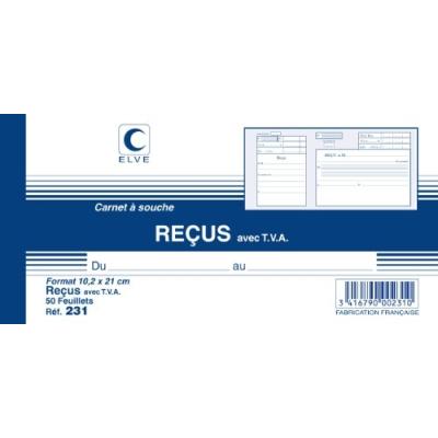 ELVE Carnet &agrave; souche "re&ccedil;u" avec TVA Lebon & Vernay - format 10,5 x 21 cm - 50 feuillets - 1 pli