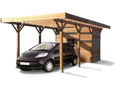 SOLID Carport toit plat bois avec abri de jardin 306x706cm