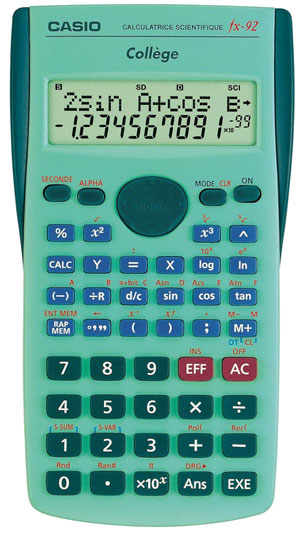 CASIO  FX92 COLLEGE 2D+ Poche Calculatrice scientifique 10 chiffres 5 lignes Batterie-Pile Vert