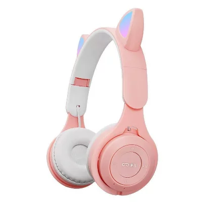 YONIS Casque Audio Pliable LED Chat Blanc Bluetooth 5.0 Son St&eacute;r&eacute;o Multimode Rose 