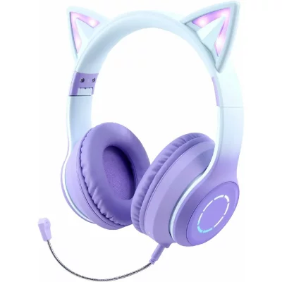 VENDOS85 Casque Bluetooth sans Fil Pliable d'oreille de Chat avec Micro int&eacute;gr&eacute; violet blanc