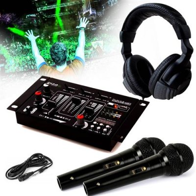IBIZA SOUND Casque dj sono + table de mixage dj21-usb-mkii  + 2 micros dynamiques noir