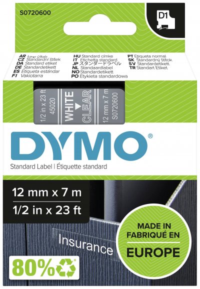 DYMO Cassettes de ruban D1 -  - 12x7mm - Blanc/transparent