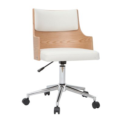 Chaise de bureau &agrave; roulettes design blanc, bois clair et acier chrom&eacute; mayol