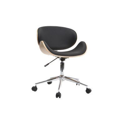 Chaise de bureau &agrave; roulettes design noir, bois clair et acier chrom&eacute; WALNUT