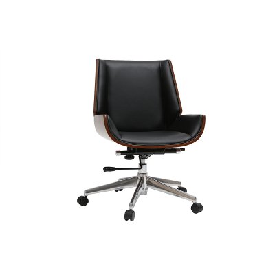 Chaise de bureau &agrave; roulettes design noir, bois fonc&eacute; noyer et acier chrom&eacute; CURVED