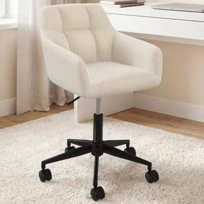 Chaise de bureau en tissu bouclette blanche pivotante et hauteur r&eacute;glable &agrave; roulettes