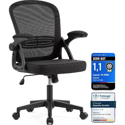 Chaise de bureau ergonomique, dossier r&eacute;glable de 90 &agrave; 110&deg; et accoudoirs rabattables noir