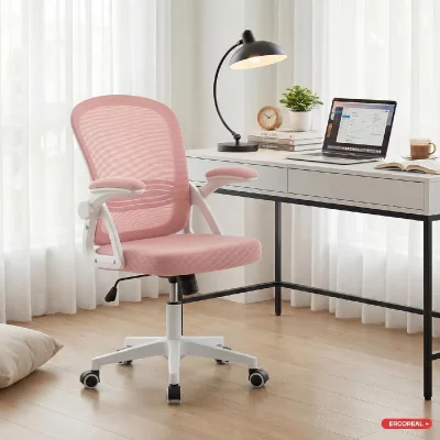 Chaise de bureau ergonomique, dossier r&eacute;glable de 90 &agrave; 110&deg; et accoudoirs rabattables rose