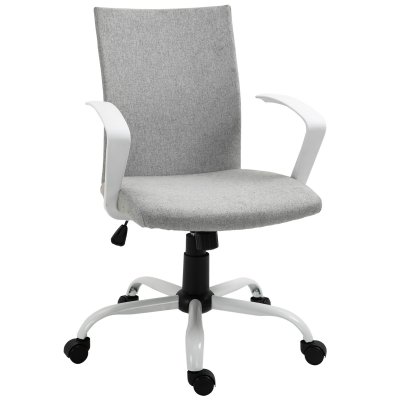 Chaise de bureau ergonomique pi&egrave;tement acier blanc lin gris clair