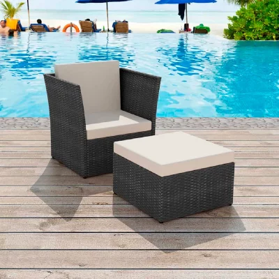 VIDAXL Chaise de jardin avec tabouret Noir R&eacute;sine tress&eacute;e
