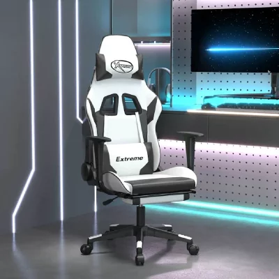VIDAXL Chaise de jeu de massage avec repose-pied Blanc noir Similicuir