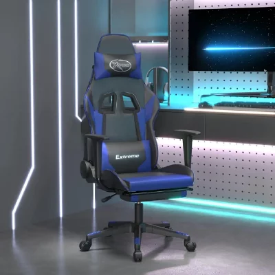 VIDAXL Chaise de jeu de massage et repose-pied Noir et bleu Similicuir