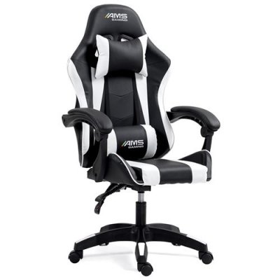 Chaise GAMER#02-WHITE coloris noir & blanc - coussin lombaire & appuie t&ecirc;te - Si&egrave;ge gaming