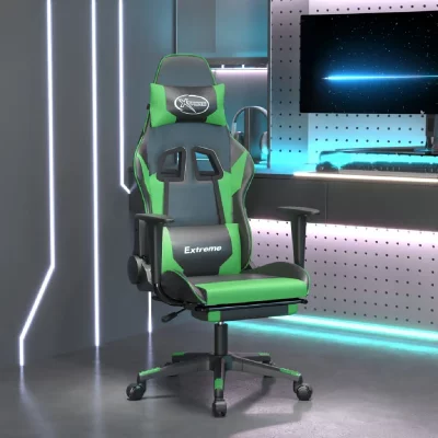 VIDAXL Chaise gaming avec repose-pied Noir et vert SimilicuirChaise Gamer Si&egrave;ge Gaming Fauteuil Gamer 