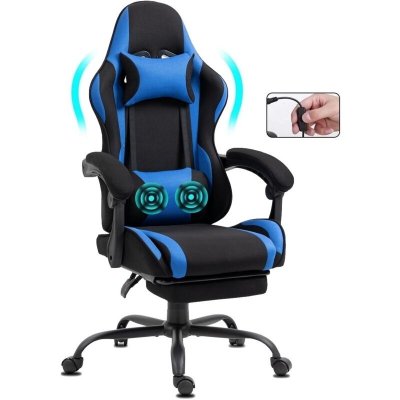 DELMAN Chaise Gaming en tissu avec repose-pieds et massage bleu