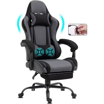  Chaise Gaming en tissu avec repose-pieds et massage gris fonc&eacute;