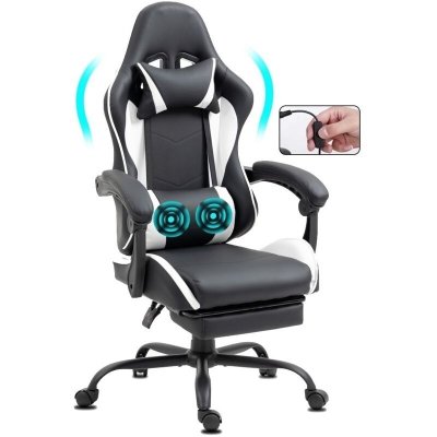 DELMAN Chaise Gaming ergonomique avec repose-pieds et massage blanc