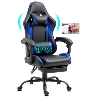 DELMAN Chaise Gaming ergonomique avec repose-pieds et massage bleu