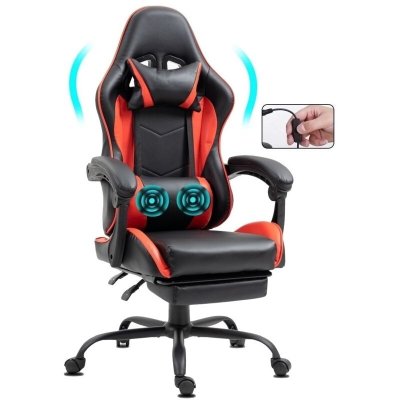 DELMAN Chaise Gaming ergonomique avec repose-pieds et massage rouge