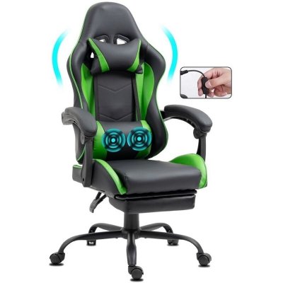 DELMAN Chaise Gaming ergonomique avec repose-pieds et massage vert