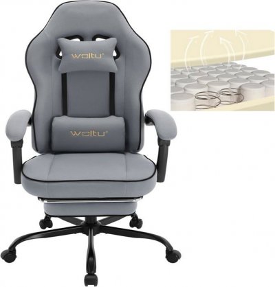 WOLTU Chaise gaming,fauteuil gaming,avec coussin &agrave; ressorts ensach&eacute;s,repose-pieds,tissu maille,gris 