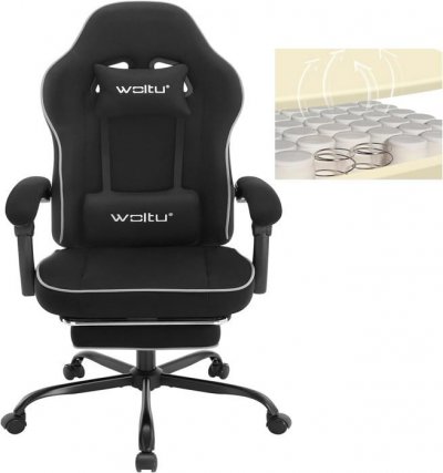 WOLTU Chaise gaming,fauteuil gaming,avec coussin &agrave; ressorts ensach&eacute;s,repose-pieds,tissu maille,noir 