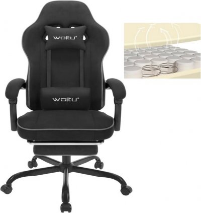 WOLTU Chaise gaming,fauteuil gaming,avec coussin &agrave; ressorts ensach&eacute;s,repose-pieds,tissu technique,noir 