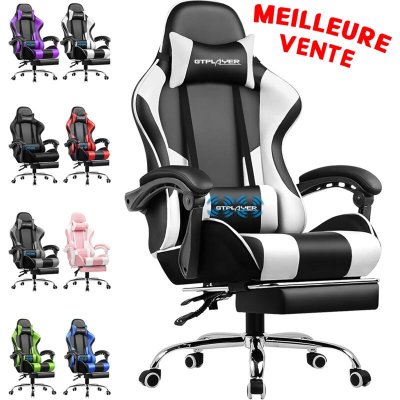 GTPLAYER Chaise Gaming  Fauteuil de Bureau avec Repose-Pieds et Coussin Lombaire de Massage - Blanc