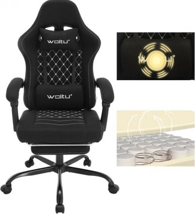 WOLTU Chaise gaming massante,fauteuil gamer,avec soutien lombaire massant,tissu maille,noir+blanc 