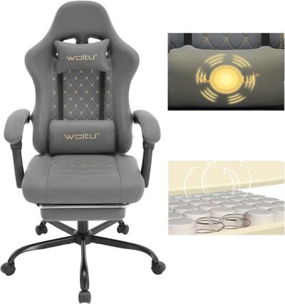 WOLTU Chaise gaming massante,fauteuil gamer,avec soutien lombaire massant,tissu technique,gris+jaune 