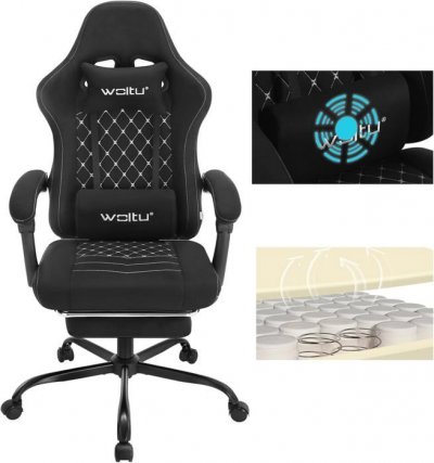 Chaise gaming massante,fauteuil gamer,avec soutien lombaire massant,tissu technique,noir+blanc 