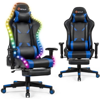 GOPLUS Chaise Gaming Pivotante avec Dossier Hauteur et Accoudoir Reglables Fauteuil avec Repose Pieds
