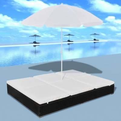 VIDAXL Chaise longue d'ext&eacute;rieur avec parasol r&eacute;sine tress&eacute;e noir
