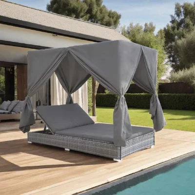 VIDAXL Chaise longue d'ext&eacute;rieur avec rideaux R&eacute;sine tress&eacute;e Gris  Gris