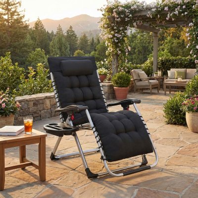 SONGMICS Chaises d'ext&eacute;rieur pliante avec coussin amovible avec tablette noir