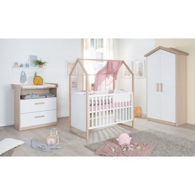 ROBA Chambre B&eacute;b&eacute; &Eacute;volutive Compl&egrave;te Avec Soft-close Cabane Blanc - Ch&ecirc;ne