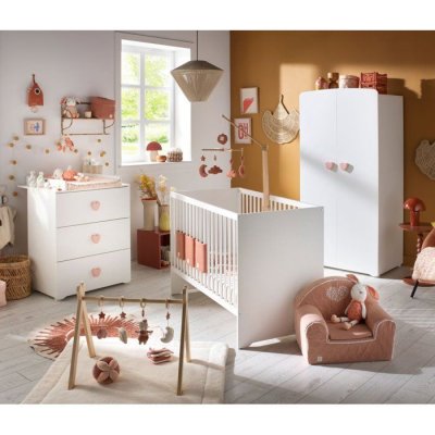 BABY PRICE Chambre b&eacute;b&eacute; trio Basic coeur: lit 120x60, commode &agrave; langer et armoire - Babyprice - Blanc 