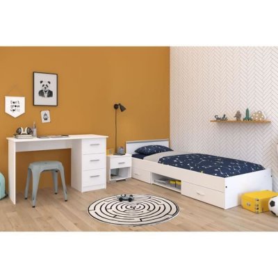 Chambre compl&egrave;te enfant 3 pi&egrave;ces ZODIAC - Lit + chevet + bureau - D&eacute;cor blanc mat -